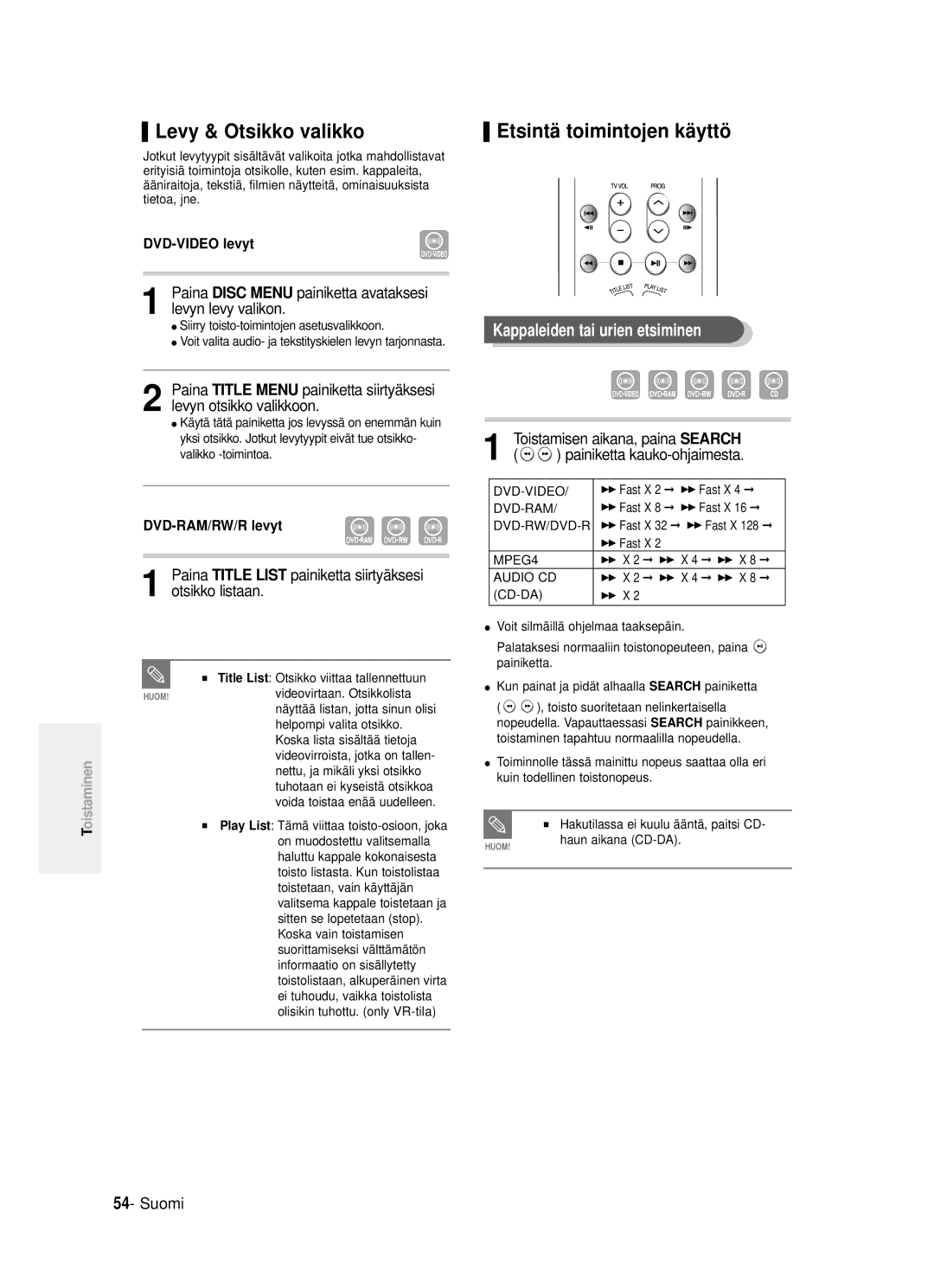 Samsung DVD-R121/XEE, DVD-R120/XEE Levy & Otsikko valikko, Etsintä toimintojen kä yttö, Kappaleiden tai urien etsiminen 