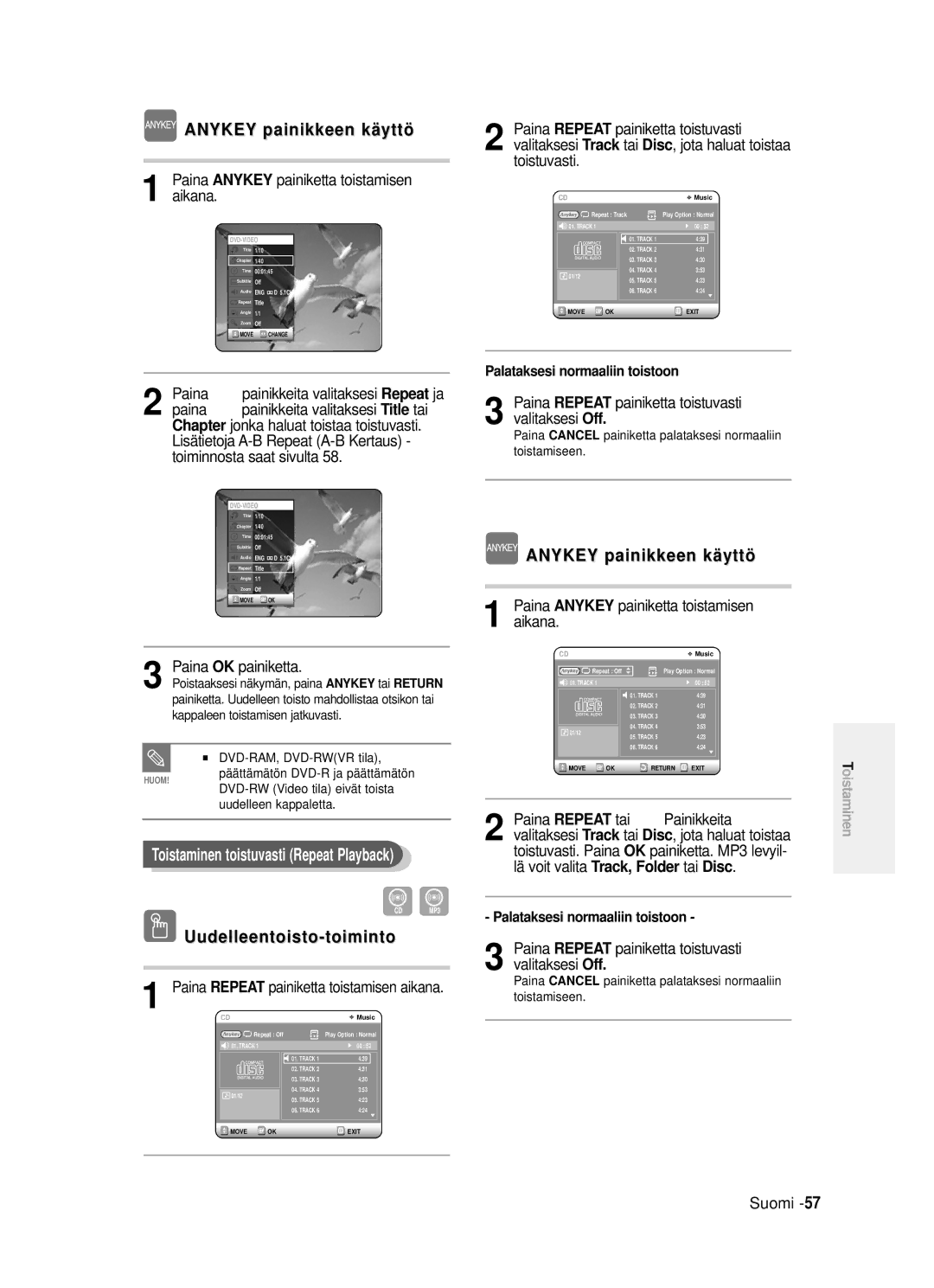 Samsung DVD-R120/XEE, DVD-R121/XEE manual Anykey painikkeen kä yttö, Uudelleentoisto-toiminto 