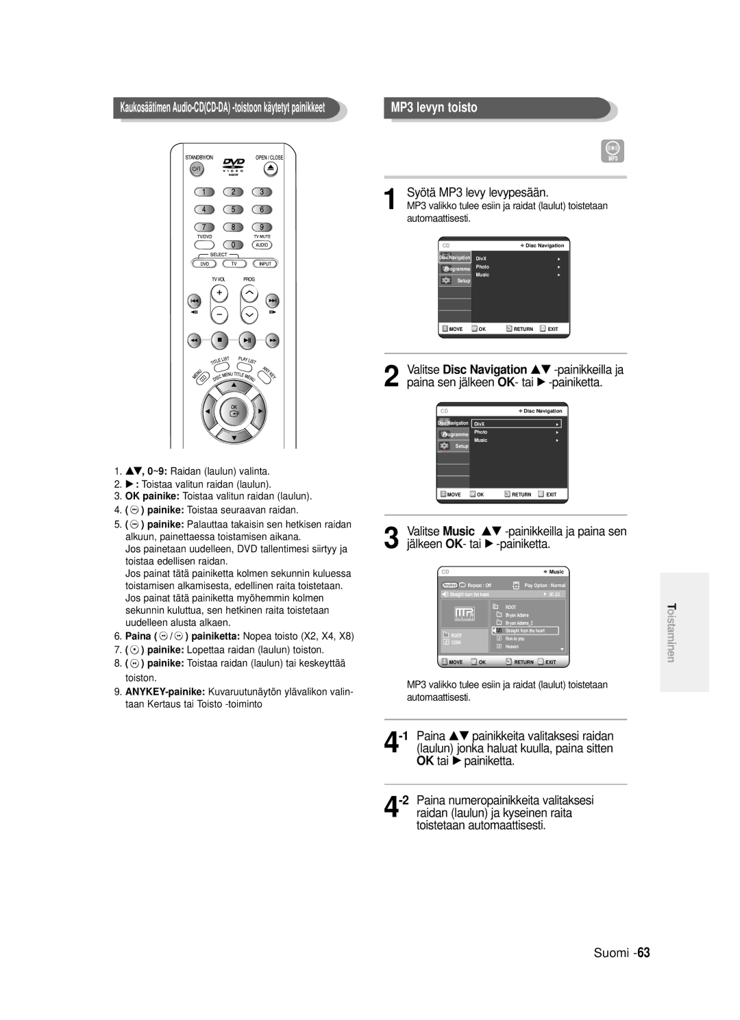 Samsung DVD-R120/XEE, DVD-R121/XEE manual MP3 levyn toisto, Paina / painiketta Nopea toisto X2, X4 