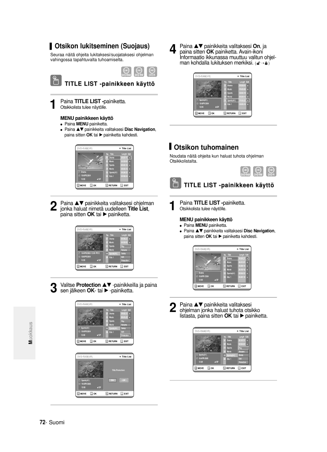 Samsung DVD-R121/XEE, DVD-R120/XEE manual Otsikon lukitseminen Suojaus, Otsikon tuhomainen, Title List -painikkeen käyttö 