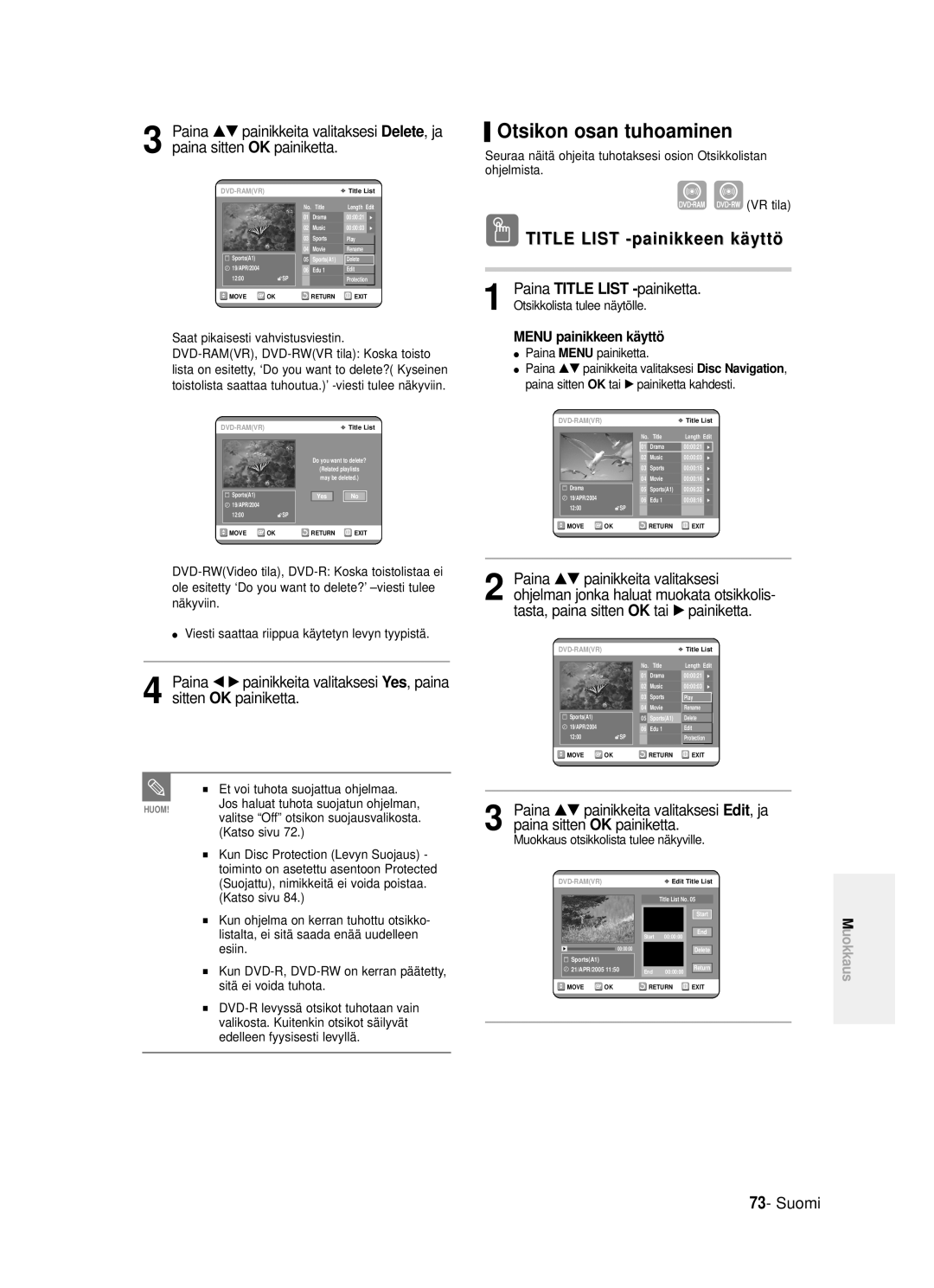 Samsung DVD-R120/XEE manual Otsikon osan tuhoaminen, Tasta, paina sitten, Paina √ painikkeita valitaksesi, Paina sitten 