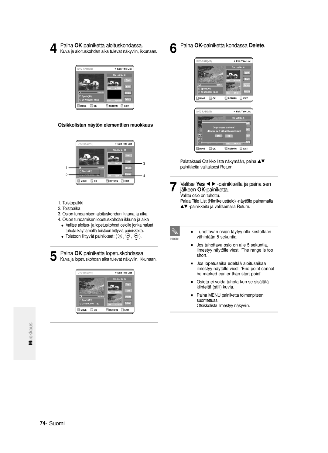 Samsung DVD-R121/XEE manual Delete, Yes œ √ -painikkeilla ja paina sen, Otsikkolistan näytön elementtien muokkaus, Valitse 