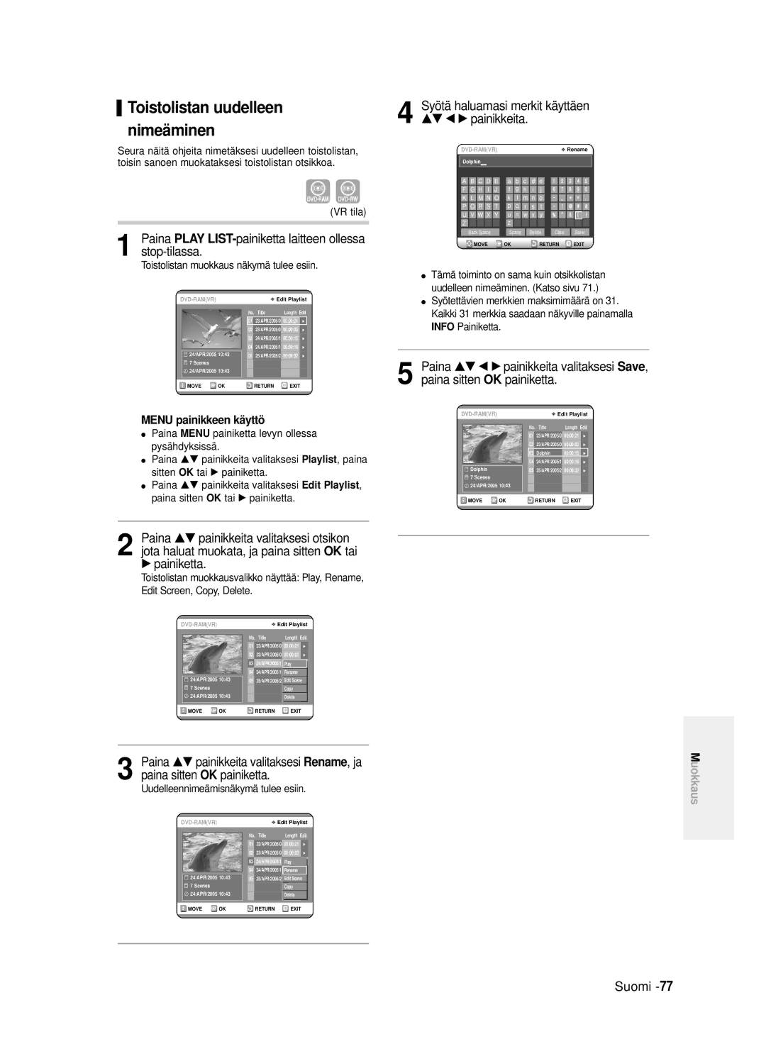 Samsung DVD-R120/XEE manual Toistolistan muokkaus näkymä tulee esiin, Rename, ja, Uudelleennimeämisnäkymä tulee esiin 