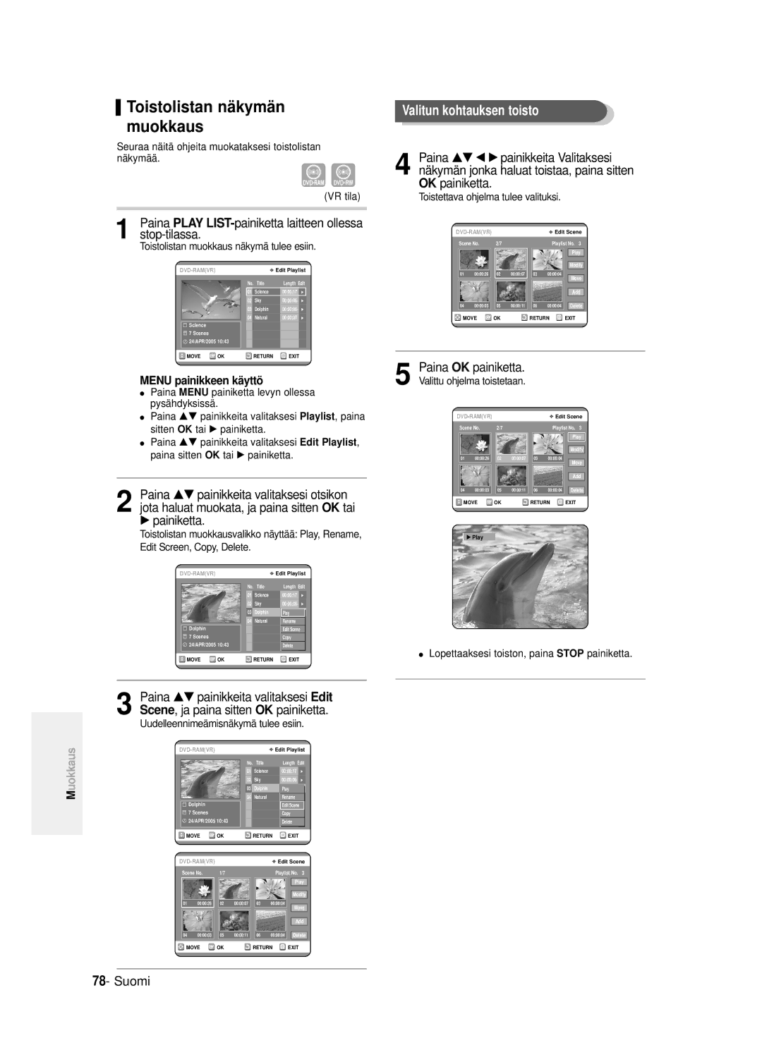 Samsung DVD-R121/XEE, DVD-R120/XEE Valitun kohtauksen toisto, Stop-tilassa, Paina …† œ √ painikkeita Valitaksesi, Edit 