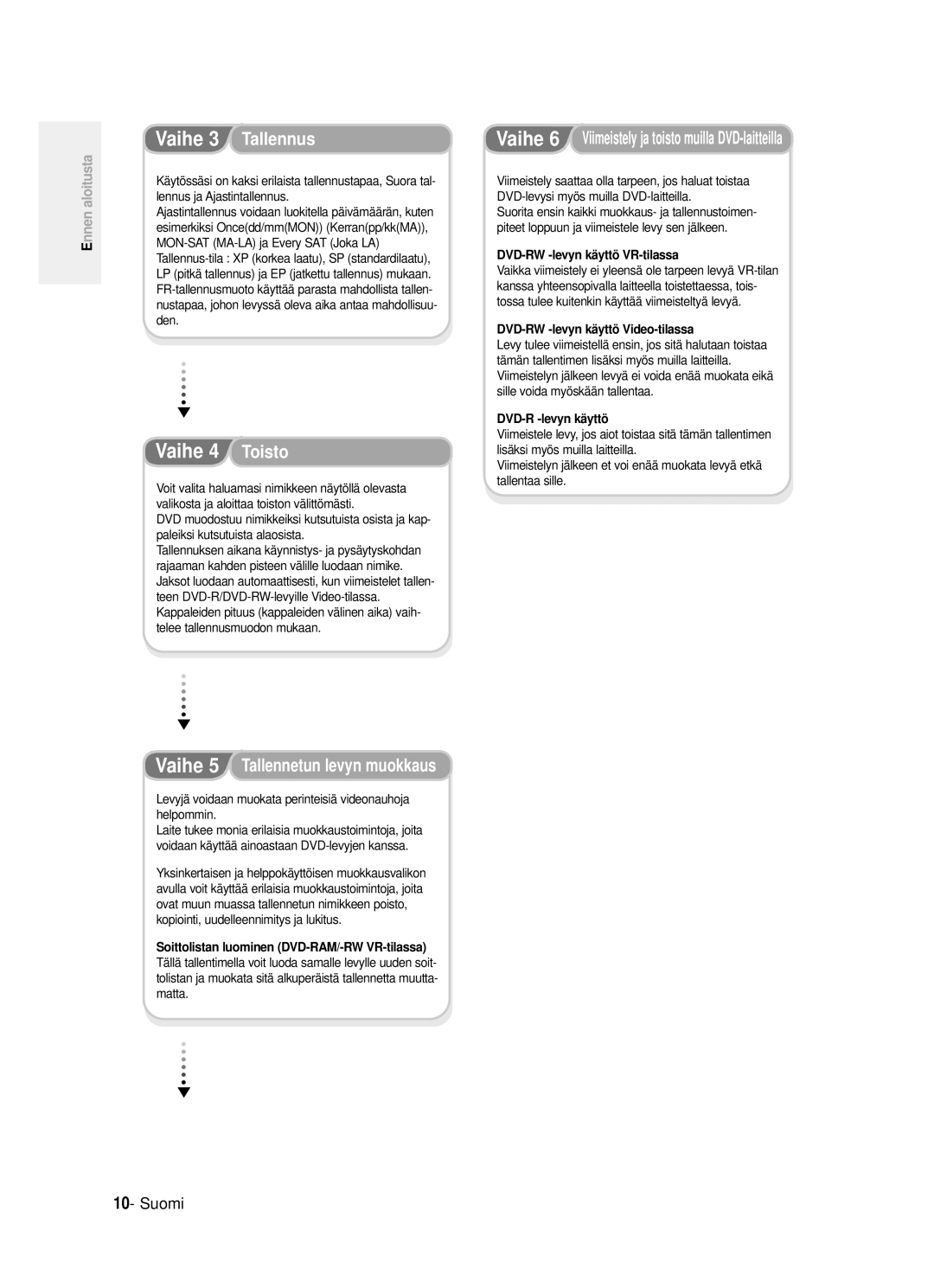 Samsung DVD-R121/XEE manual Vaihe 6 Viimeistely ja toisto muilla DVD-laitteilla, Den, Sille voida myöskään tallentaa 