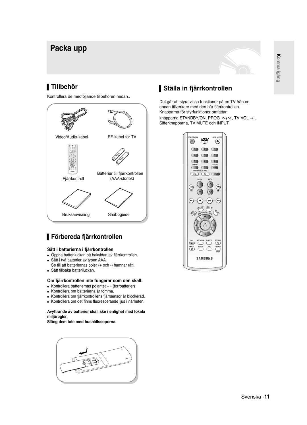 Samsung DVD-R121/XEE, DVD-R120/XEE manual Packa upp, Tillbehör, Förbereda fjärrkontrollen, Ställa in fjärrkontrollen 