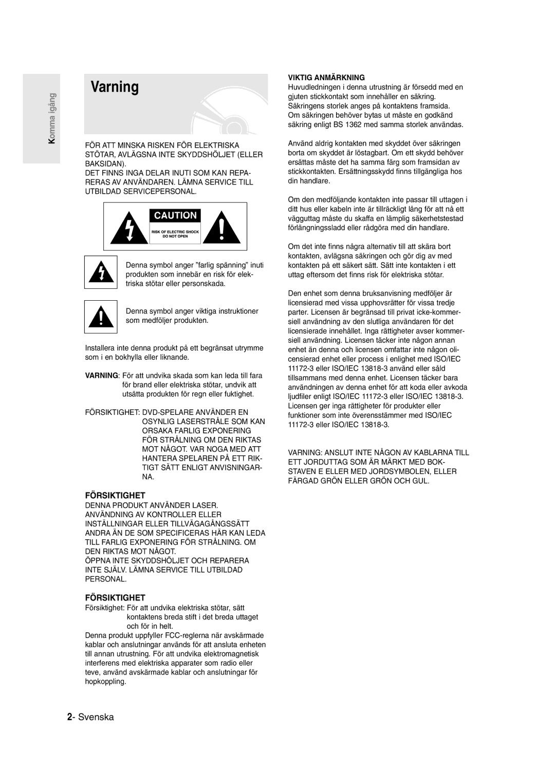 Samsung DVD-R120/XEE, DVD-R121/XEE manual Varning, Svenska 