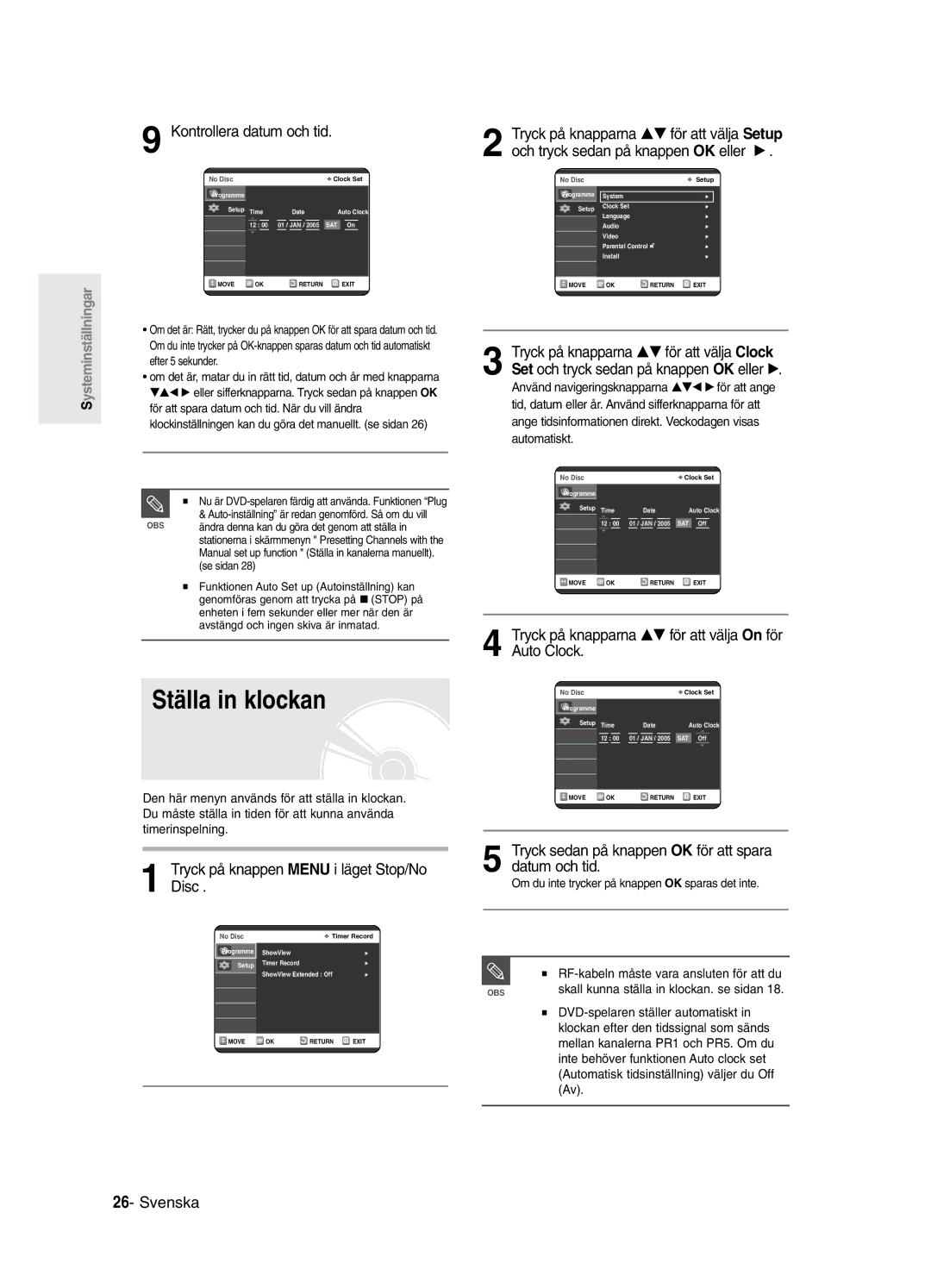 Samsung DVD-R120/XEE manual Ställa in klockan, Kontrollera datum och tid, Tryck på knappen Menu i läget Stop/No Disc 