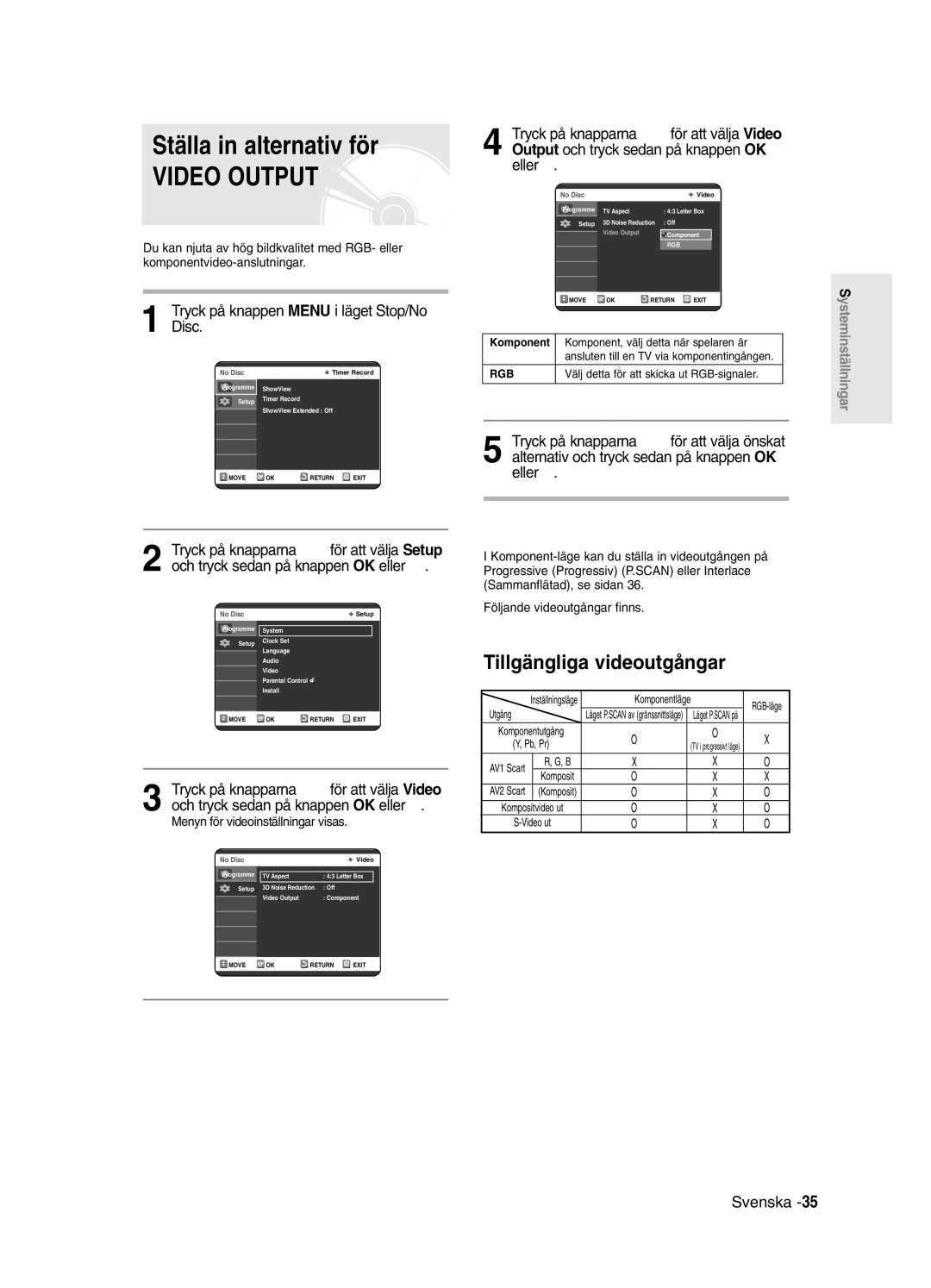 Samsung DVD-R121/XEE, DVD-R120/XEE manual Tillgängliga videoutgångar, Menyn för videoinställningar visas 