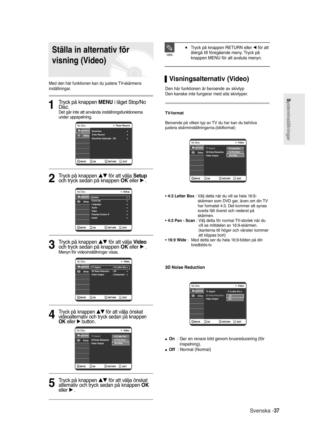 Samsung DVD-R121/XEE Visning Video, Visningsalternativ Video, OK eller √ button, Tryck på knappen …† för att välja önskat 