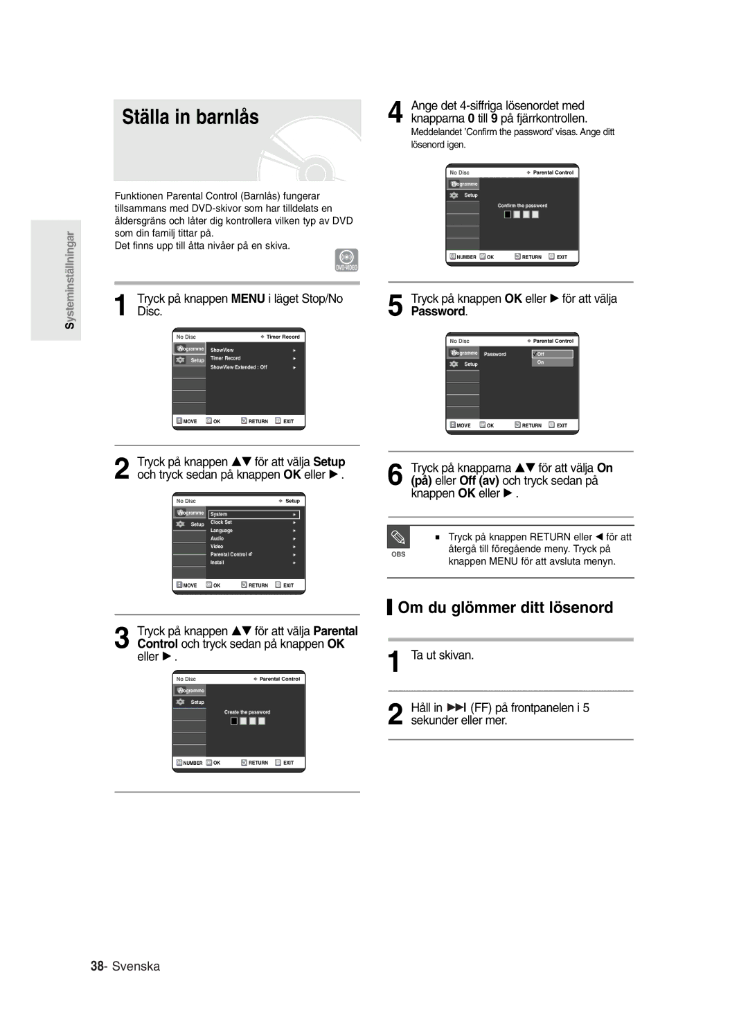Samsung DVD-R120/XEE Ställa in barnlås, Om du glömmer ditt lösenord, Tryck på knappen OK eller √ för att välja Password 