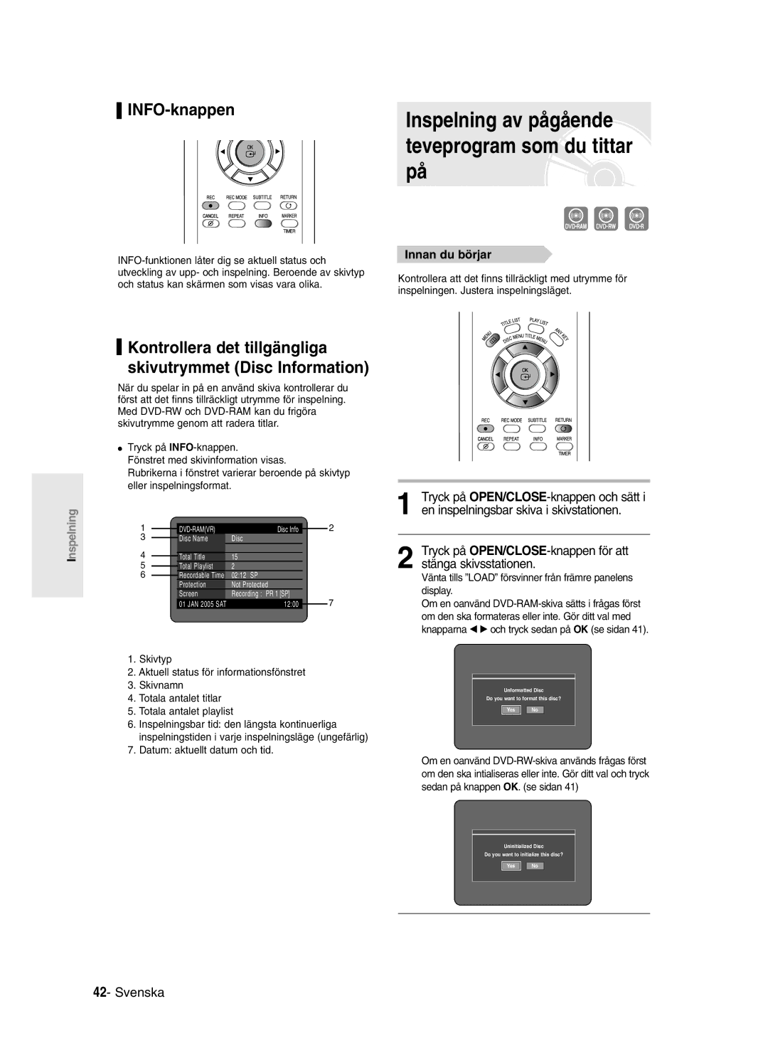 Samsung DVD-R120/XEE, DVD-R121/XEE manual INFO-knappen, Innan du börjar 