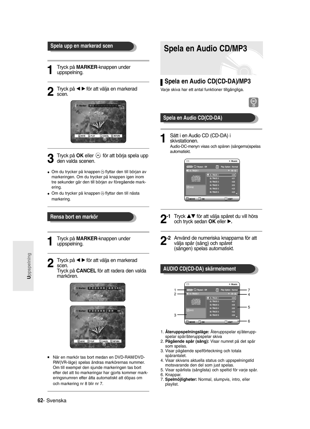 Samsung DVD-R120/XEE, DVD-R121/XEE manual Spela en Audio CD/MP3, Spela en Audio CDCD-DA/MP3 