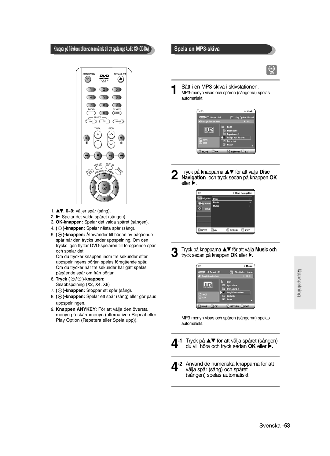 Samsung DVD-R121/XEE, DVD-R120/XEE manual Spela en MP3-skiva, MP3-menyn visas och spåren sångerna spelas automatiskt 