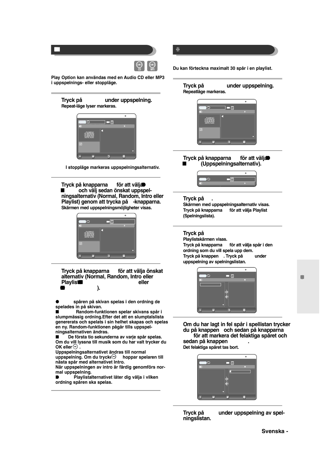 Samsung DVD-R121/XEE, DVD-R120/XEE manual Uppspelningsmöjligheter Play Option Mode, Spelningslista 