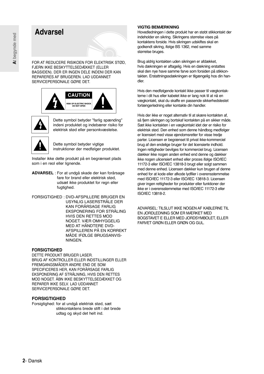 Samsung DVD-R121/XEE, DVD-R120/XEE manual Dansk, At begynde med 