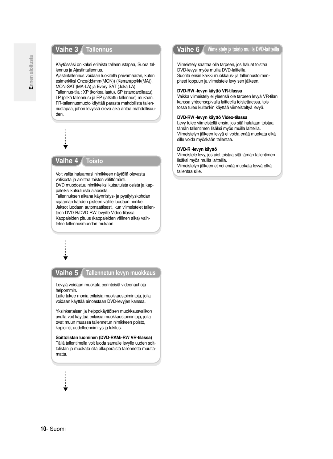 Samsung DVD-R120/XEE manual Vaihe 6 Viimeistely ja toisto muilla DVD-laitteilla, Den, Sille voida myöskään tallentaa 