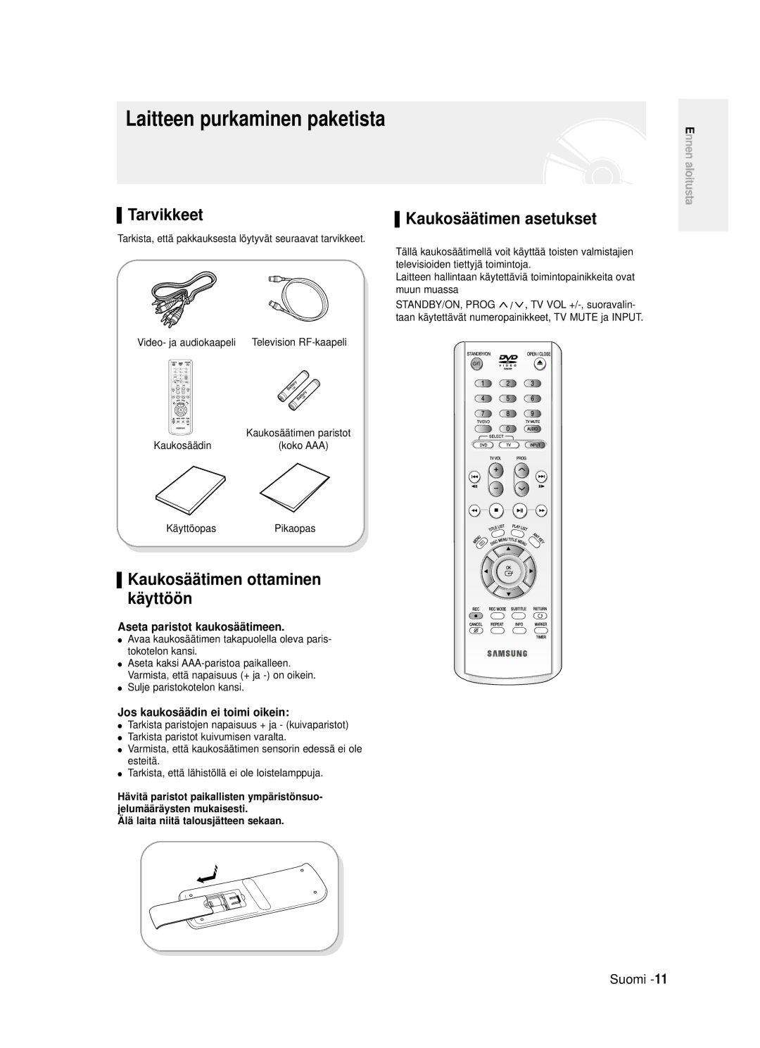 Samsung DVD-R120/XEE Tarvikkeet, Kaukosäätimen ottaminen käyttöön, Kaukosäätimen asetukset, Aseta paristot kaukosäätimeen 