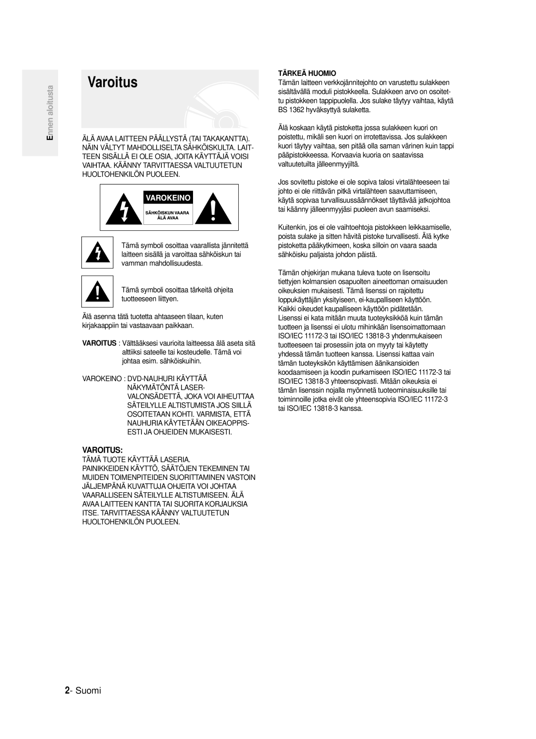 Samsung DVD-R120/XEE manual Varoitus, Suomi, Tämän tuoteyksikön käyttämisen äänikansioiden 