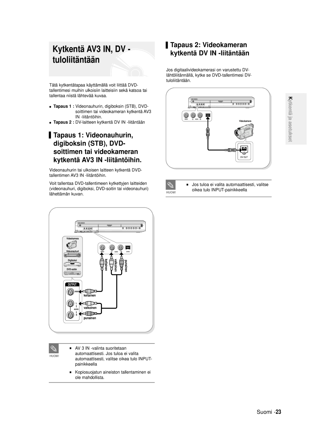 Samsung DVD-R120/XEE manual Tapaus 2 DV-laitteen kytkentä DV in -liitäntään, Jos tuloa ei valita automaattisesti, valitse 