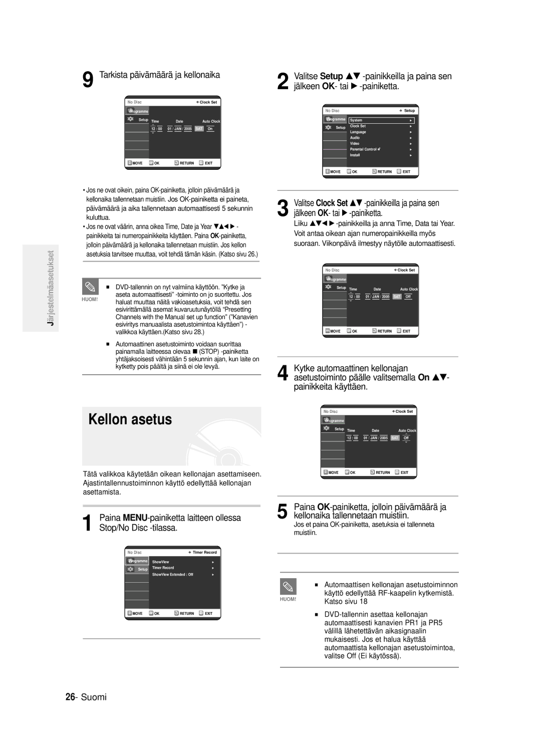 Samsung DVD-R120/XEE manual Kellon asetus, Tarkista päivämäärä ja kellonaika 