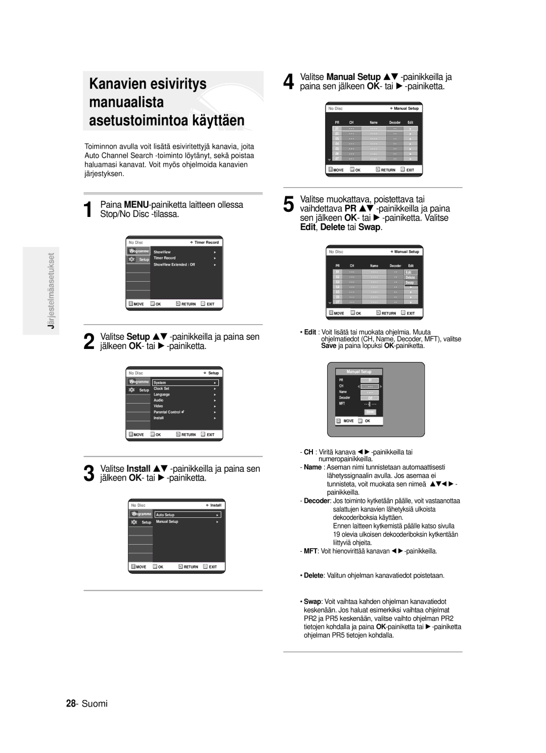 Samsung DVD-R120/XEE Kanavien esiviritys manuaalista asetustoimintoa käyttäen, Edit,Delete tai Swap, OK- tai √ -painiketta 