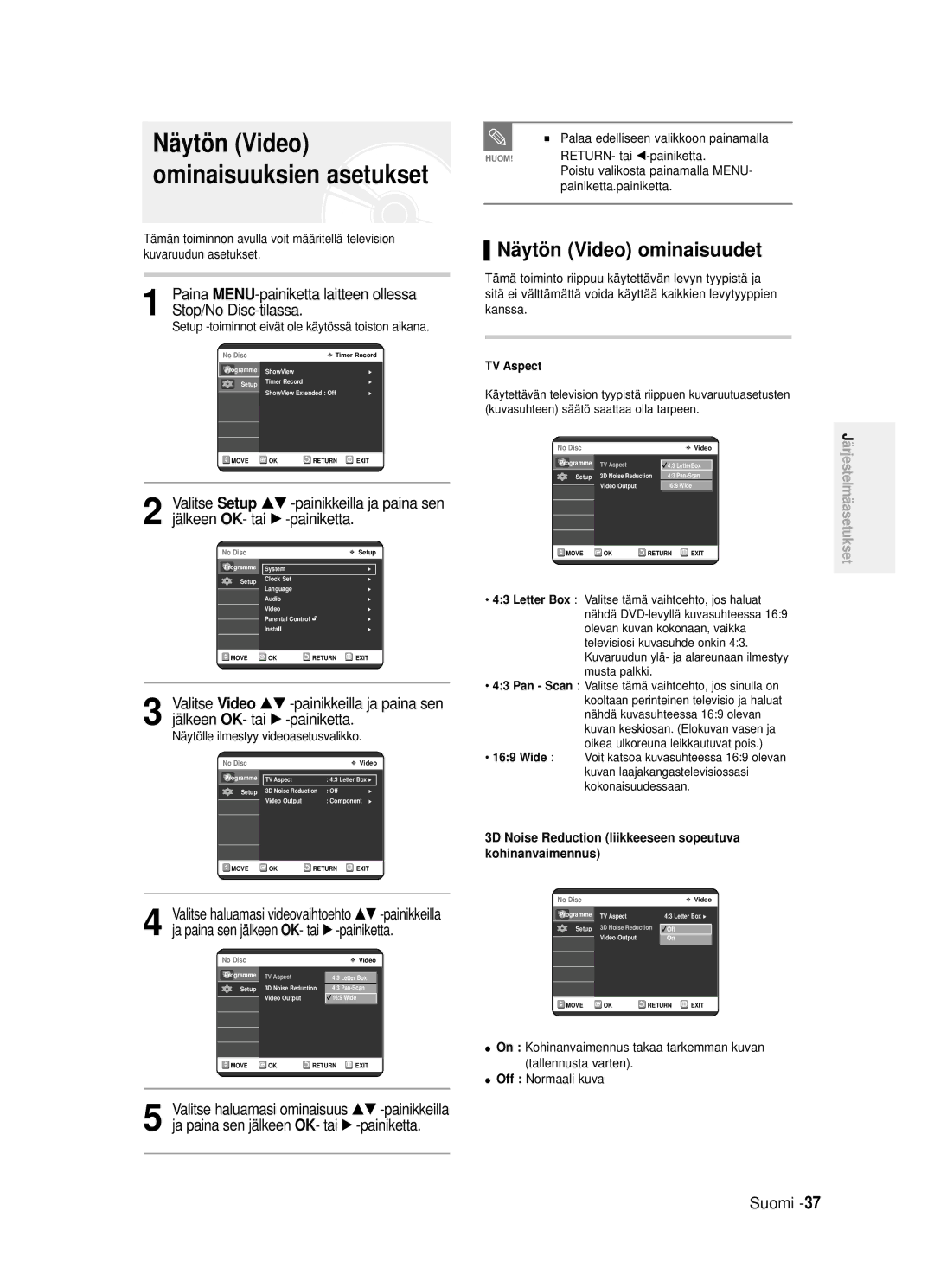 Samsung DVD-R120/XEE Näytö n Video ominaisuuksien asetukset, Nä ytö n Video ominaisuudet, √ -painiketta, …† -painikkeilla 