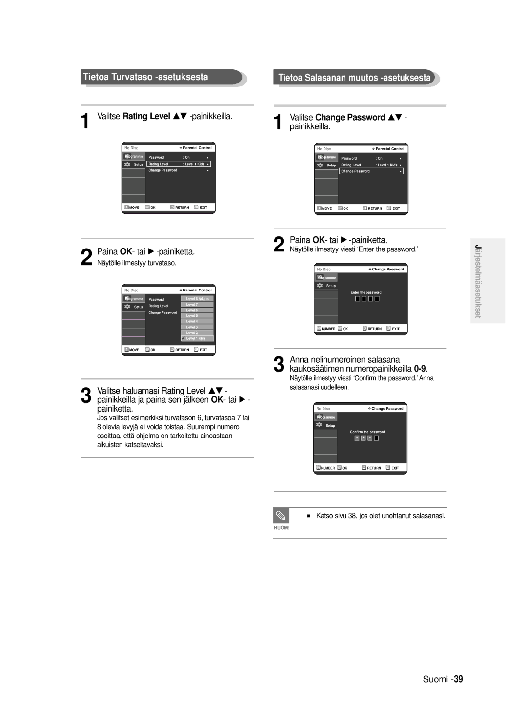 Samsung DVD-R120/XEE manual Tietoa Turvataso -asetuksesta, Tietoa Salasanan muutos -asetuksesta 