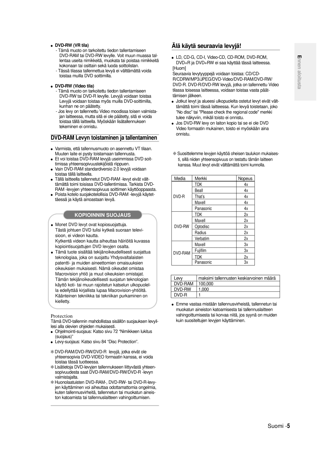 Samsung DVD-R120/XEE manual Älä käytä seuraavia levyjä, DVD-RAM Levyn toistaminen ja tallentaminen, DVD-RW VR tila 