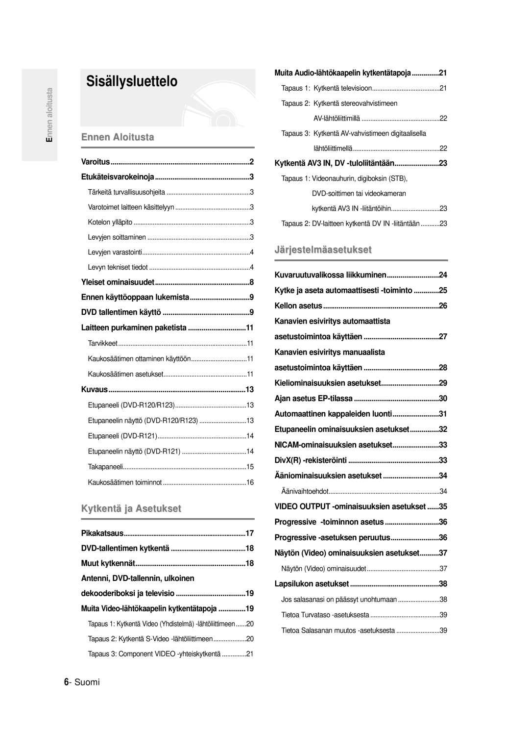 Samsung DVD-R120/XEE manual Sisällysluettelo, Kanavien esiviritys automaattista 