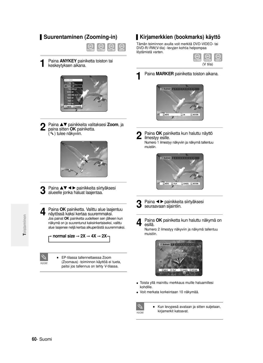 Samsung DVD-R120/XEE manual Suurentaminen Zooming-in, Kirjamerkkien bookmarks kä yttö, Normal size 2X 4X 
