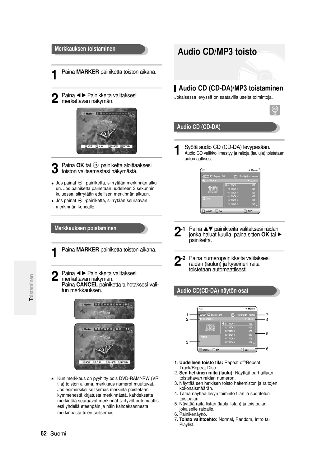 Samsung DVD-R120/XEE manual Audio CD/MP3 toisto, Audio CD CD-DA/MP3 toistaminen, Merkkauksen toistaminen 