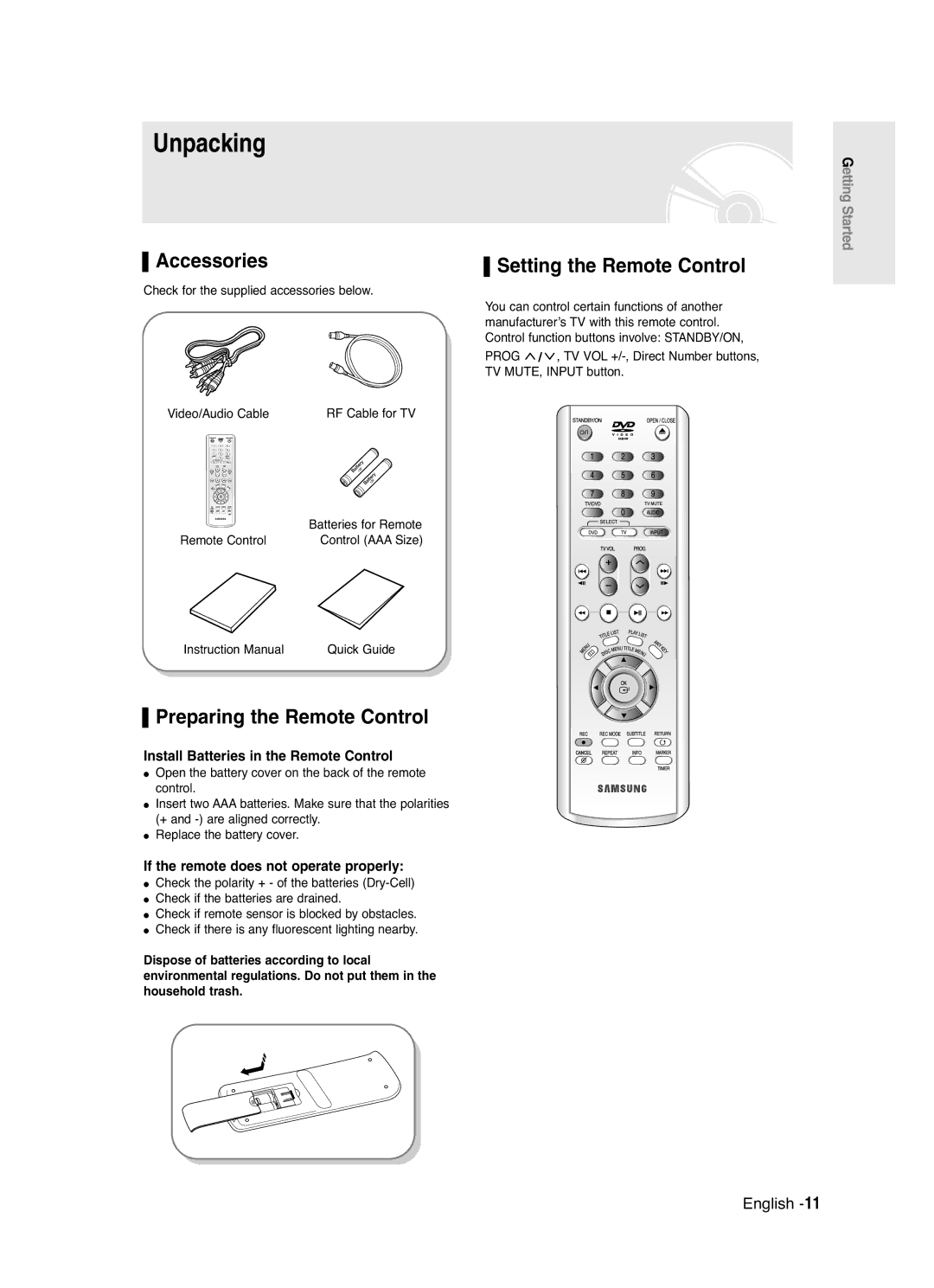 Samsung DVD-R120/XEC, DVD-R120/XEG manual Unpacking, Accessories, Preparing the Remote Control, Setting the Remote Control 