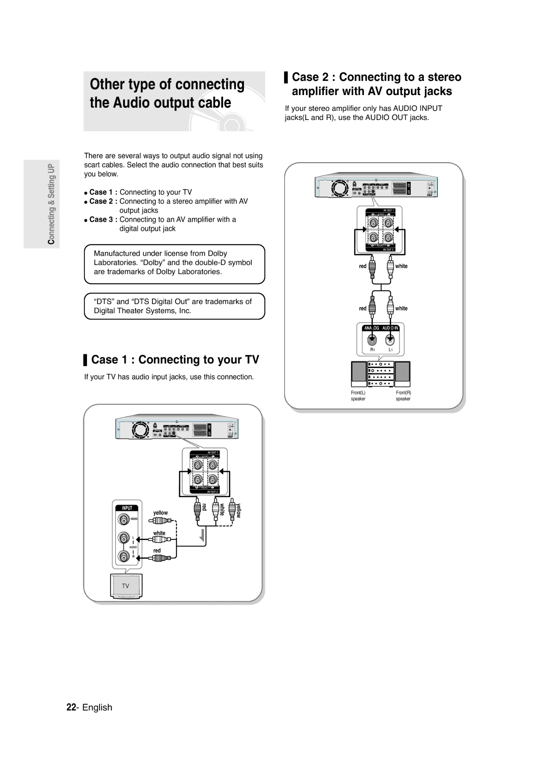 Samsung DVD-R120/XEN, DVD-R120/XEG Case 1 Connecting to your TV, If your TV has audio input jacks, use this connection 