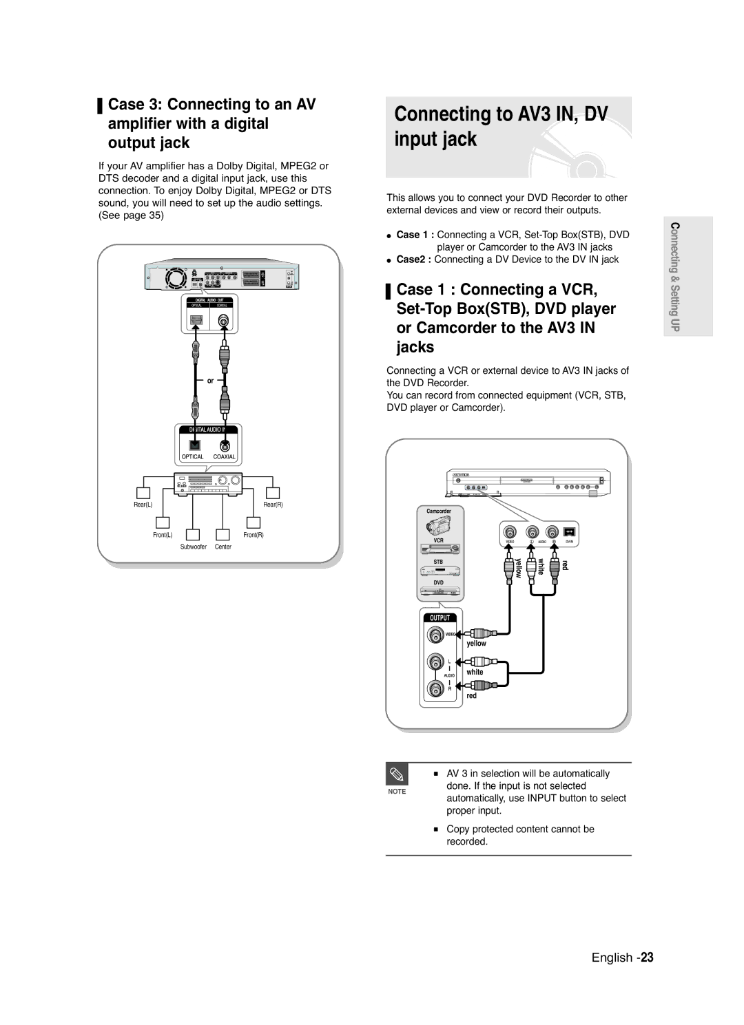 Samsung DVD-R120/SED, DVD-R120/XEG Connecting to AV3 IN, DV input jack, Case2 Connecting a DV Device to the DV in jack 