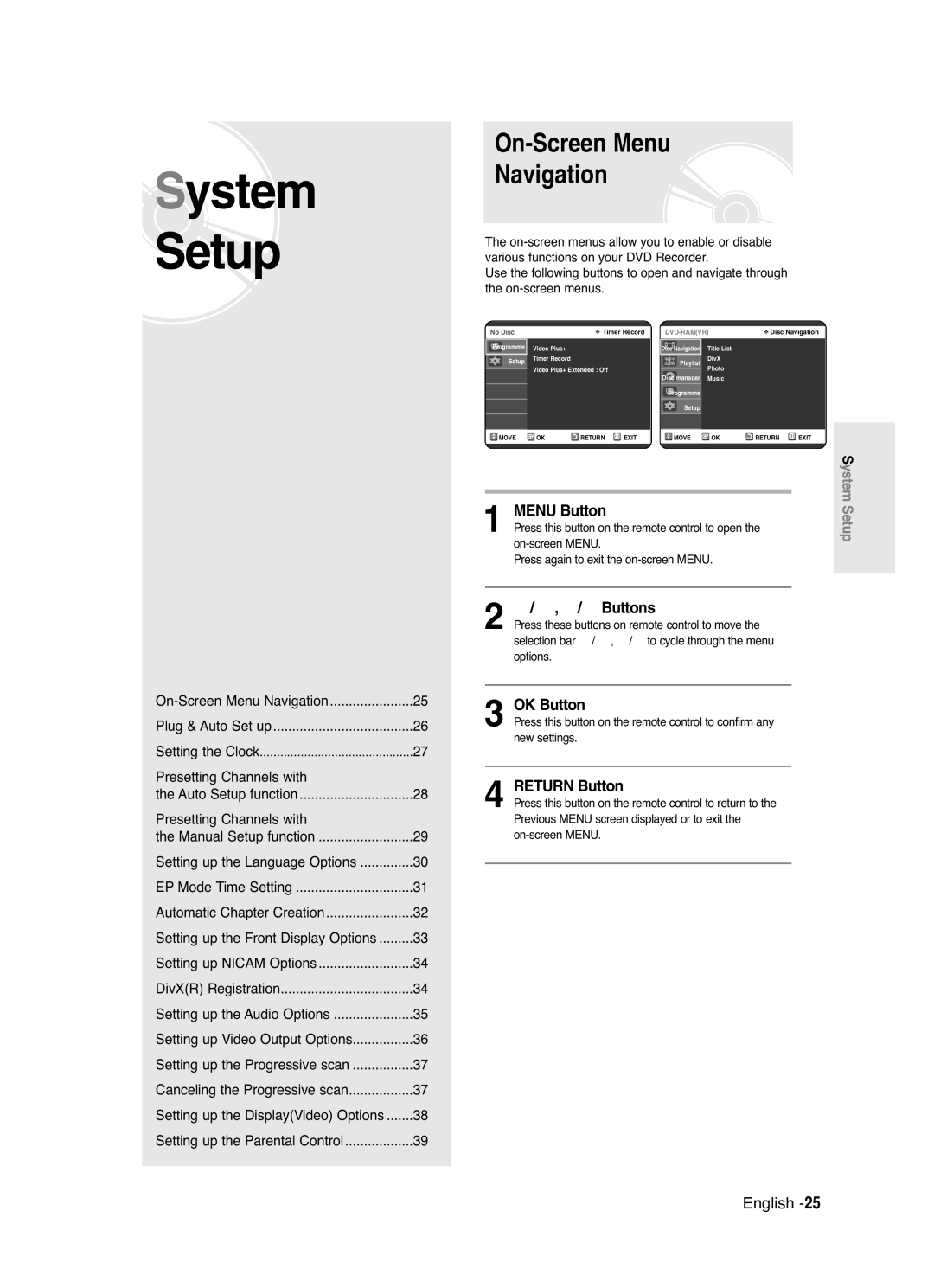 Samsung DVD-R120/XEU manual On-Screen Menu Navigation, … / † , œ / √ Buttons, OK Button, Return Button, Auto Setup function 