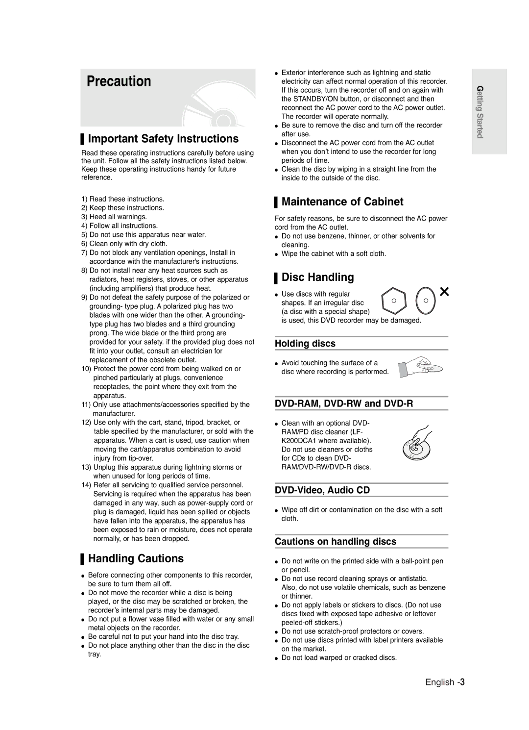 Samsung DVD-R120/AFS Precaution, Important Safety Instructions, Handling Cautions, Maintenance of Cabinet, Disc Handling 