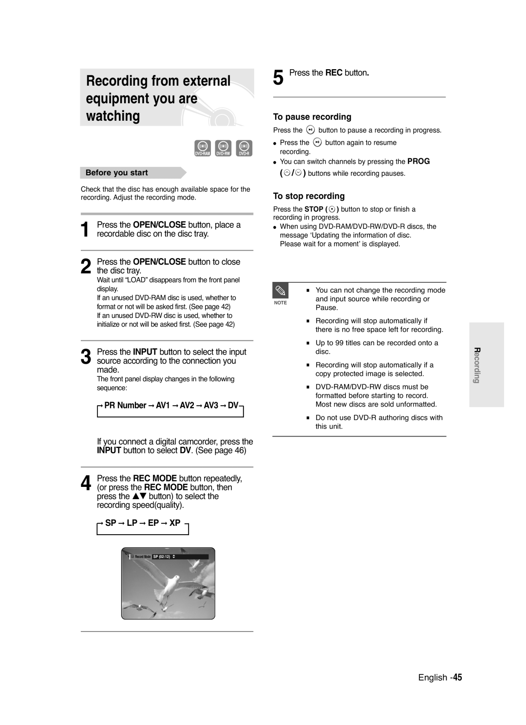 Samsung DVD-R120/XEH Recording from external equipment you are watching, To pause recording, PR Number AV1 AV2 AV3 DV 