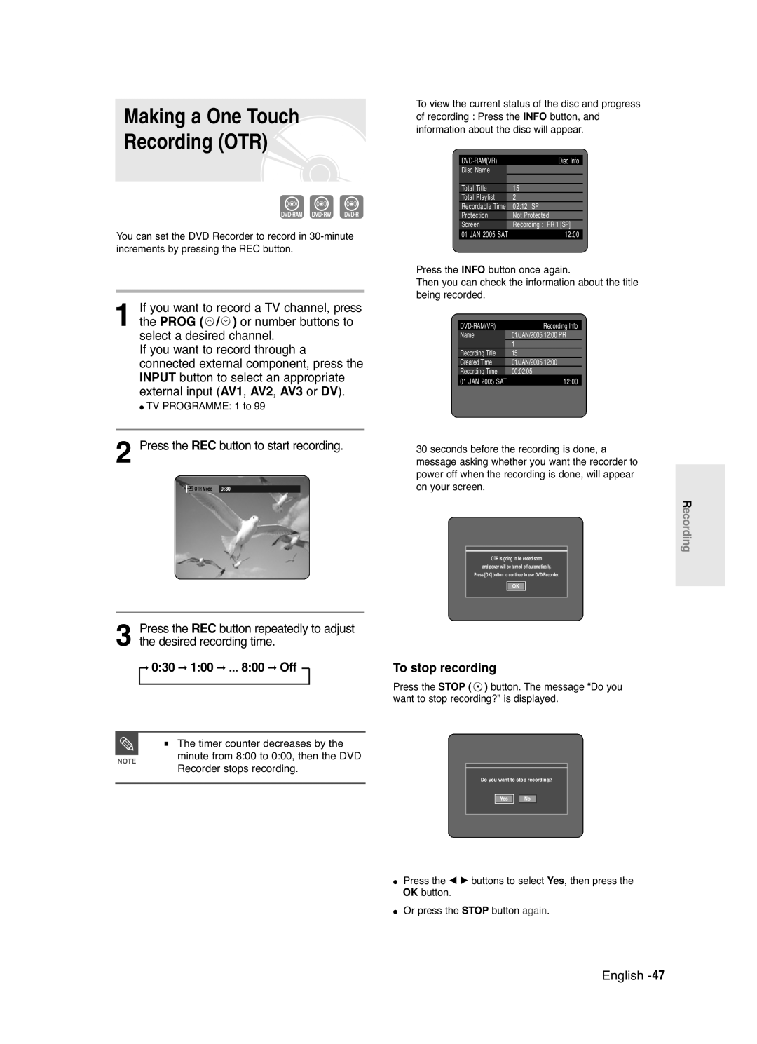 Samsung DVD-R120/EUR, DVD-R120P Making a One Touch Recording OTR, Press the REC button to start recording, 030 100 .. Off 
