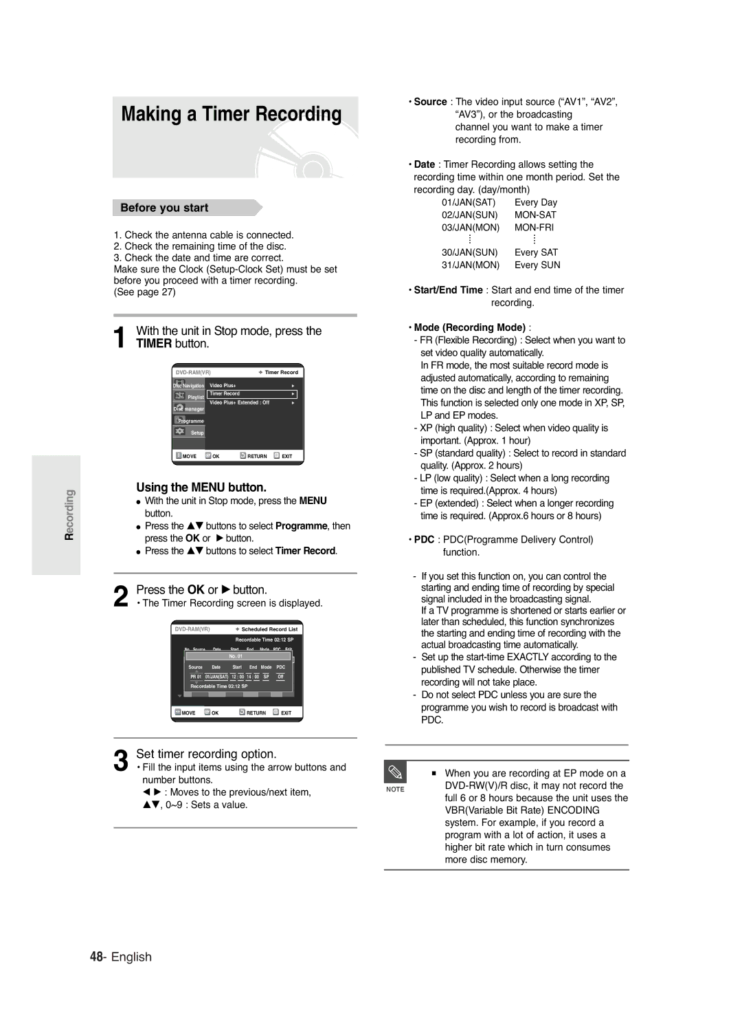 Samsung DVD-R120/XEN Making a Timer Recording, With the unit in Stop mode, press the Timer button, Using the Menu button 