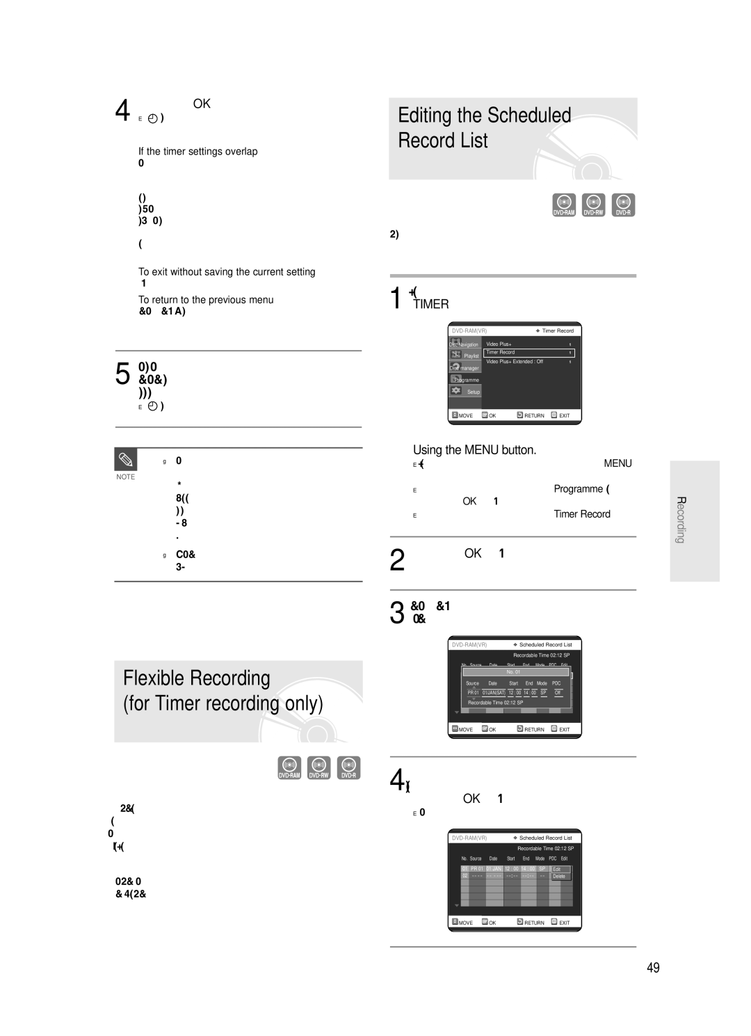 Samsung DVD-R120/SED manual Flexible Recording For Timer recording only, Press the OK button, If the timer settings overlap 