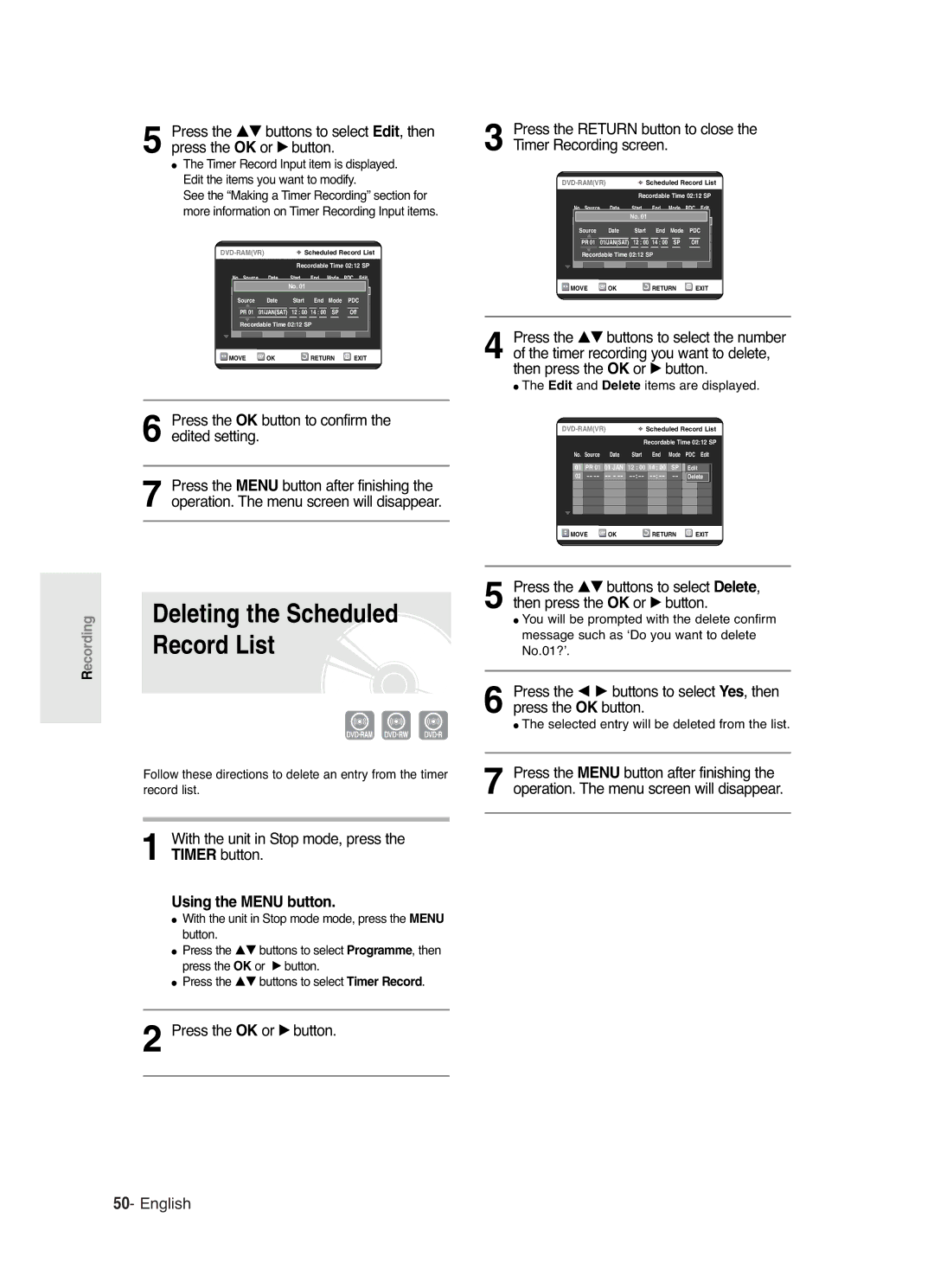 Samsung DVD-R120/XEC, DVD-R120/XEG, DVD-R120P Press the OK button to confirm the edited setting, Press the OK or √ button 