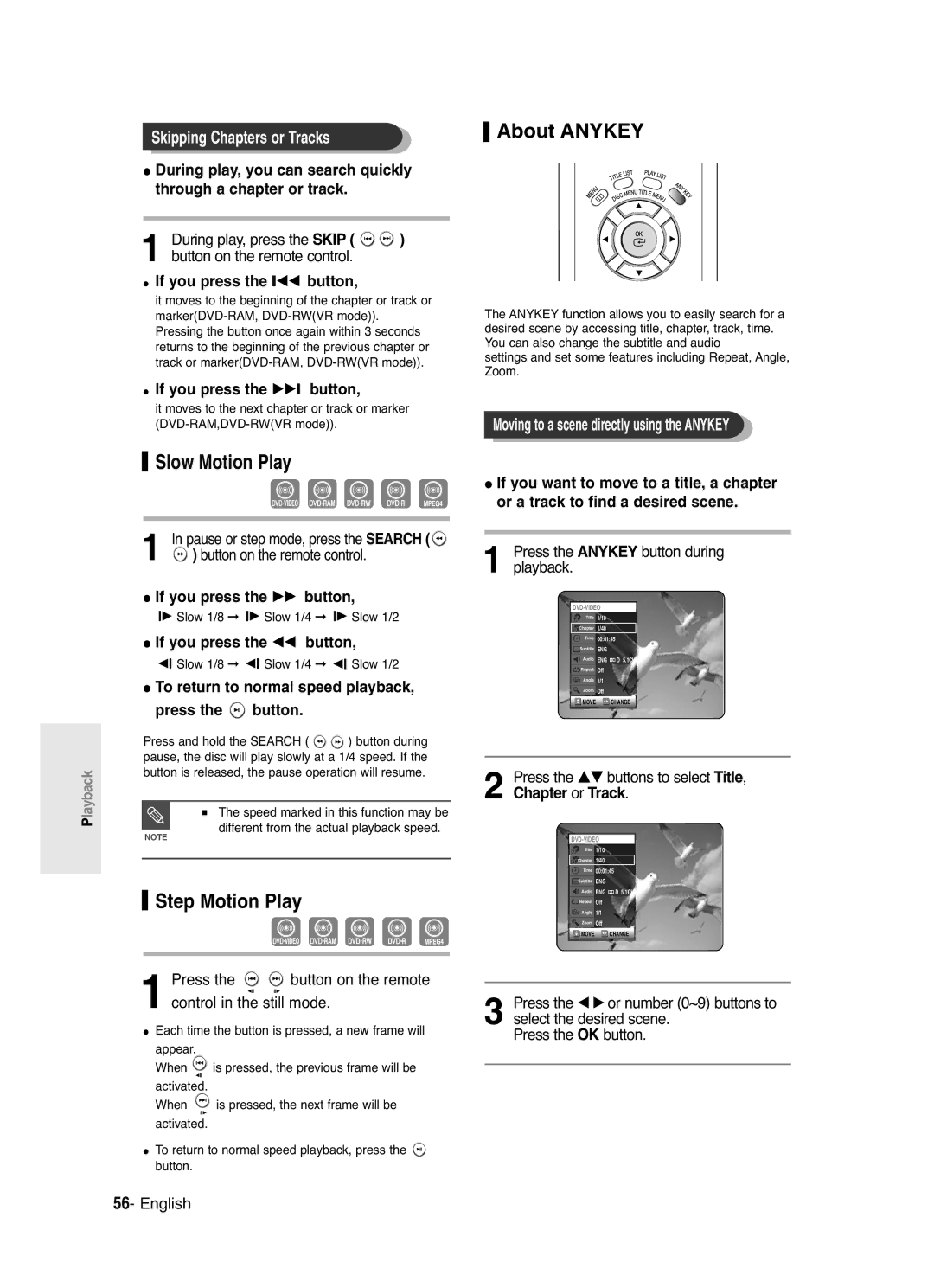 Samsung DVD-R120/XET, DVD-R120/XEG, DVD-R120P Slow Motion Play, Step Motion Play, About Anykey, Skipping Chapters or Tracks 