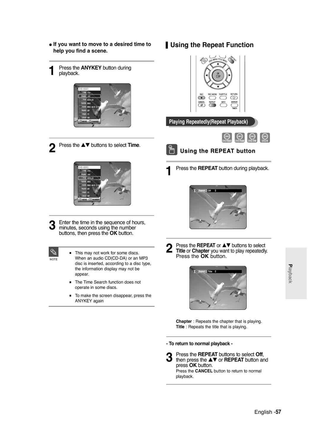 Samsung DVD-R120/XEB, DVD-R120/XEG Using the Repeat Function, Playing RepeatedlyRepeat Playback, Using the Repeat button 