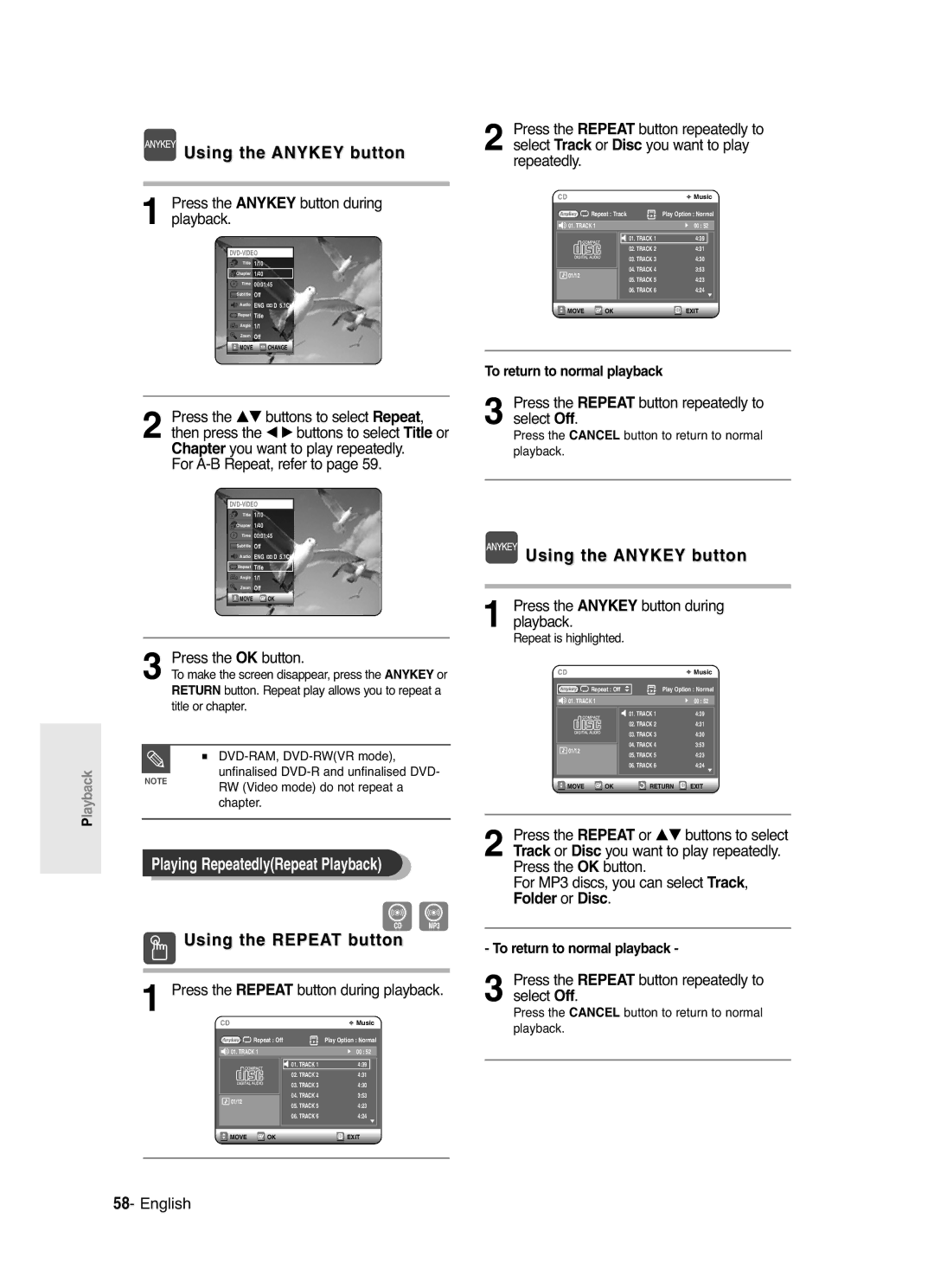 Samsung DVD-R120/XEH Using the Anykey button, Press the Repeat button repeatedly to select Off, Repeat is highlighted 