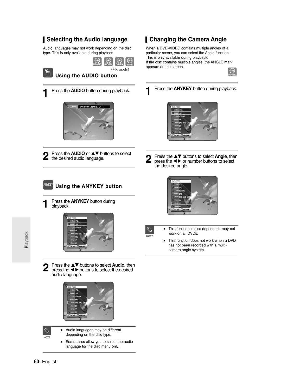 Samsung DVD-R120/EUR, DVD-R120/XEG manual Selecting the Audio language, Changing the Camera Angle, Using the Audio button 