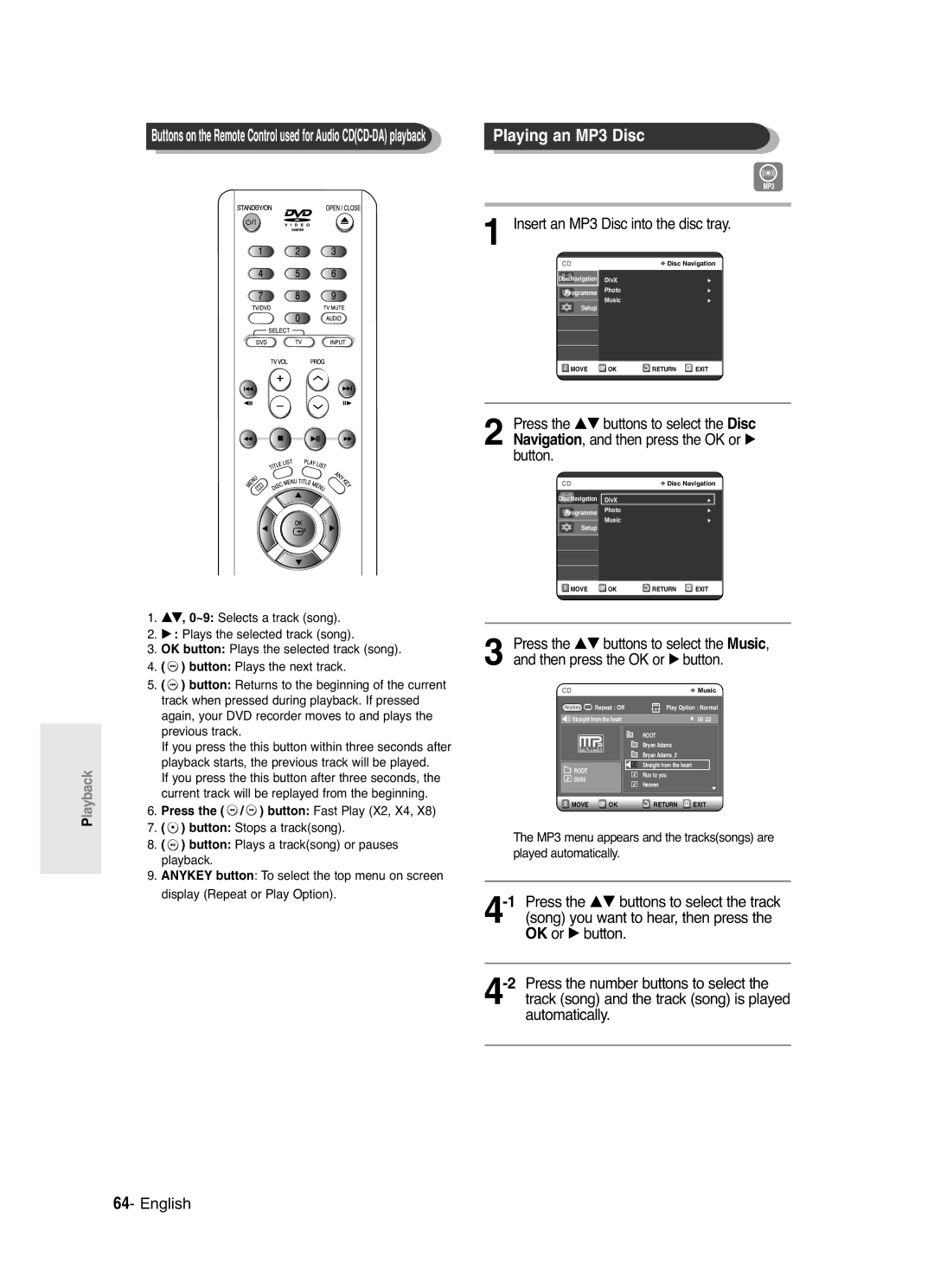 Samsung DVD-R120/XEU, DVD-R120/XEG, DVD-R120/XEF Insert an MP3 Disc into the disc tray, Press the / button Fast Play X2, X4 