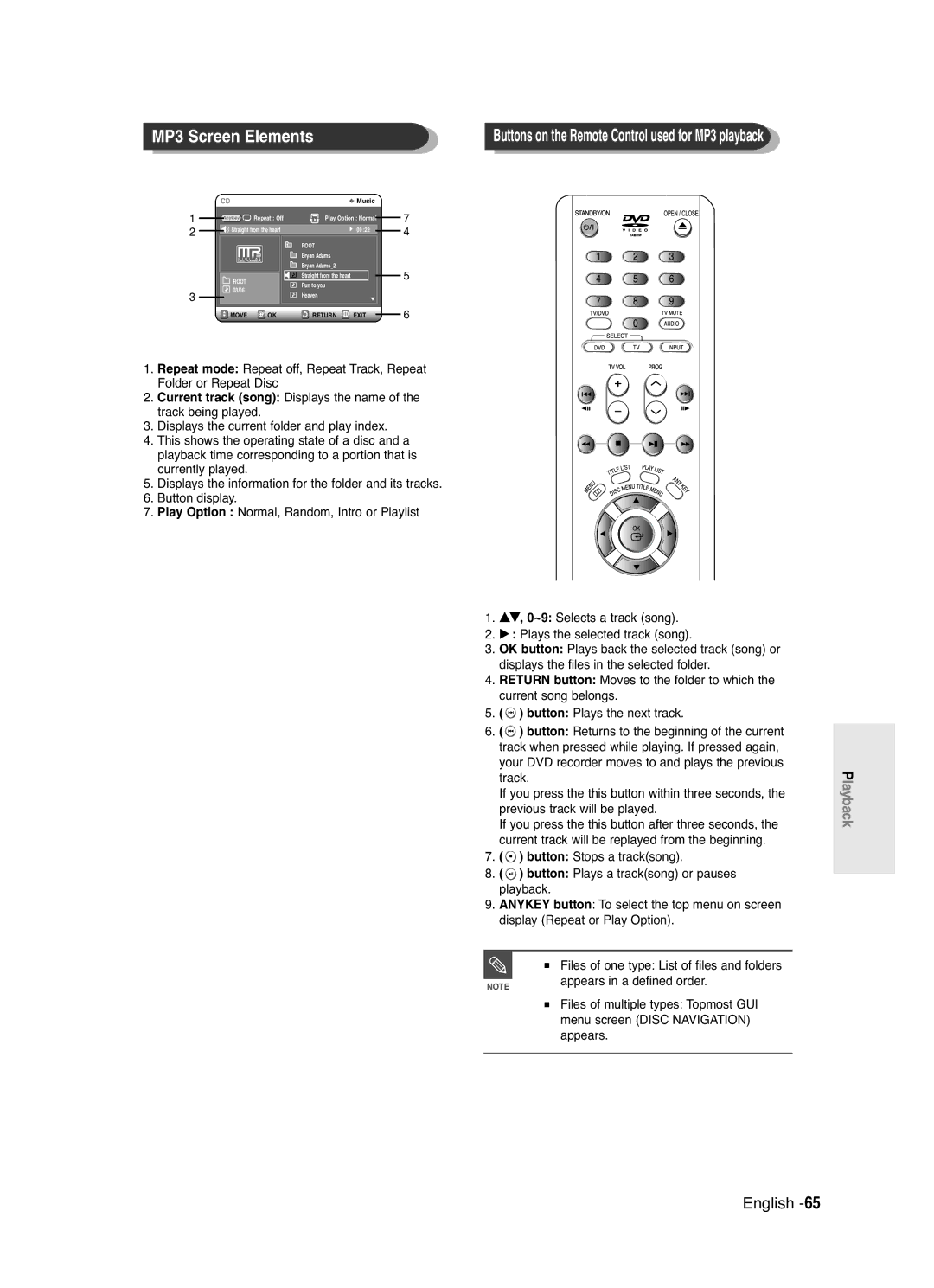 Samsung DVD-R120/XEG, DVD-R120/XEF MP3 Screen Elements, Appears in a defined order, Files of multiple types Topmost GUI 