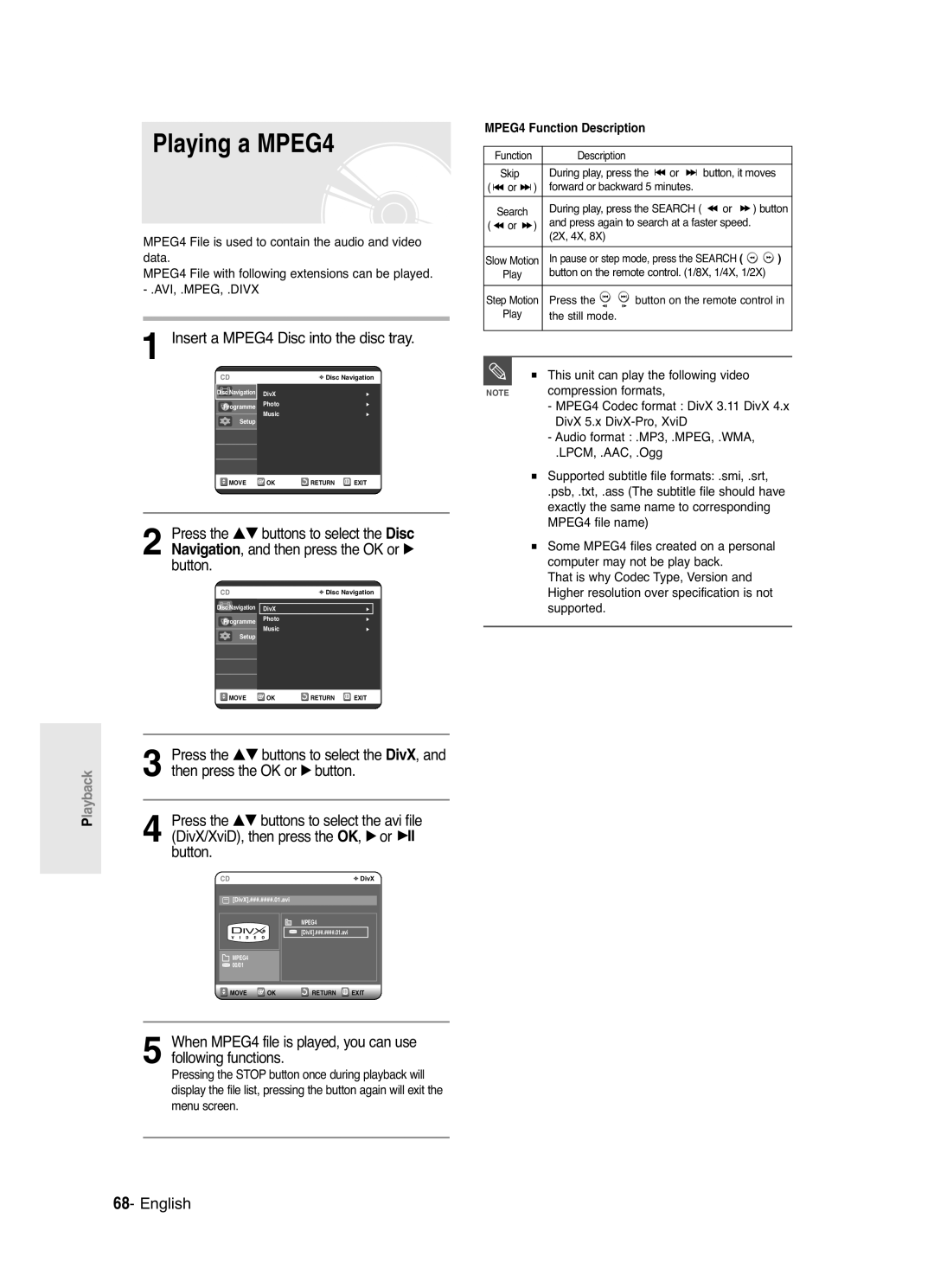 Samsung DVD-R120/AFS, DVD-R120/XEG Playing a MPEG4, Insert a MPEG4 Disc into the disc tray, MPEG4 Function Description 