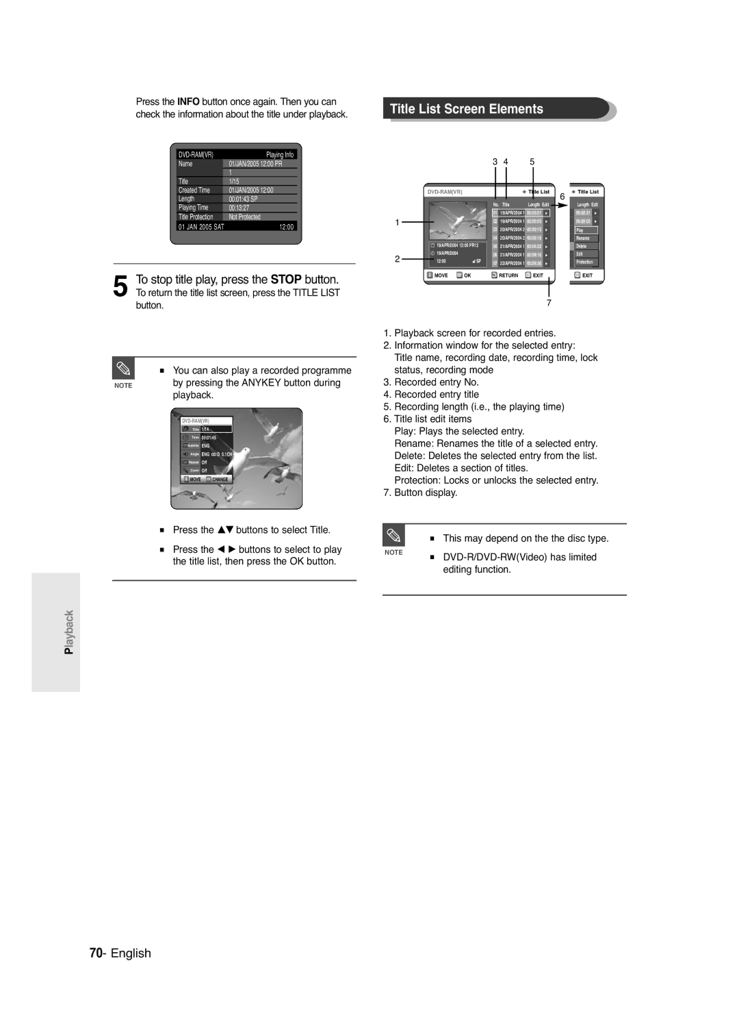 Samsung DVD-R120/XEB, DVD-R120/XEG, DVD-R120/XEF, DVD-R120P Title List Screen Elements, Press the …† buttons to select Title 